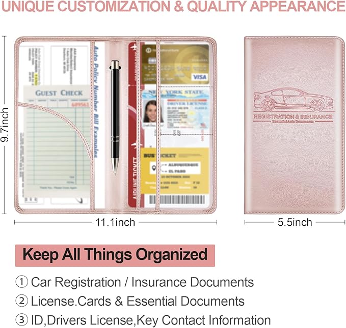 PLOJOP Car Registration and Insurance Card Holder, Leather Vehicle Insurance Card Holder Glove Box Compartment Organizer, Car Wallet Case for License Cards, ID Card, Business Card (Rose gold, L)