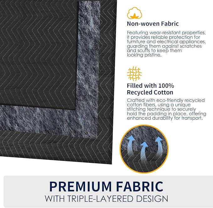 Moving Blankets Heavy Duty 12 Pack 72" x 80" (65 lb/Dozen), Large Thick Quilted Furniture Mover and Pads for Safe Shipping, Packing and Storage, Black(12 Packs)