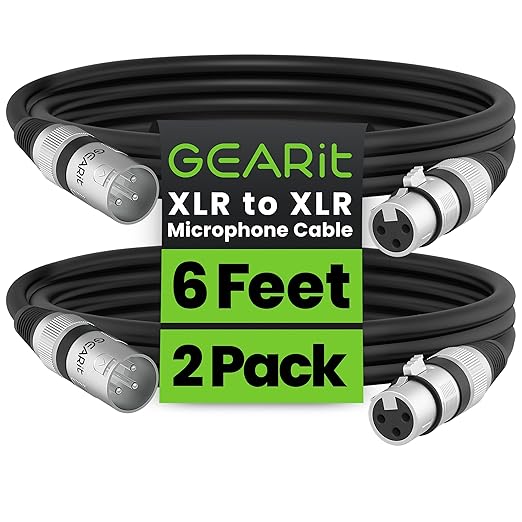 GEARit XLR Male to Female Microphone Cable (6 Feet, 2-Pack) 3-Pin Balanced Shielded Mixer, Recording Studio, Podcast - Black