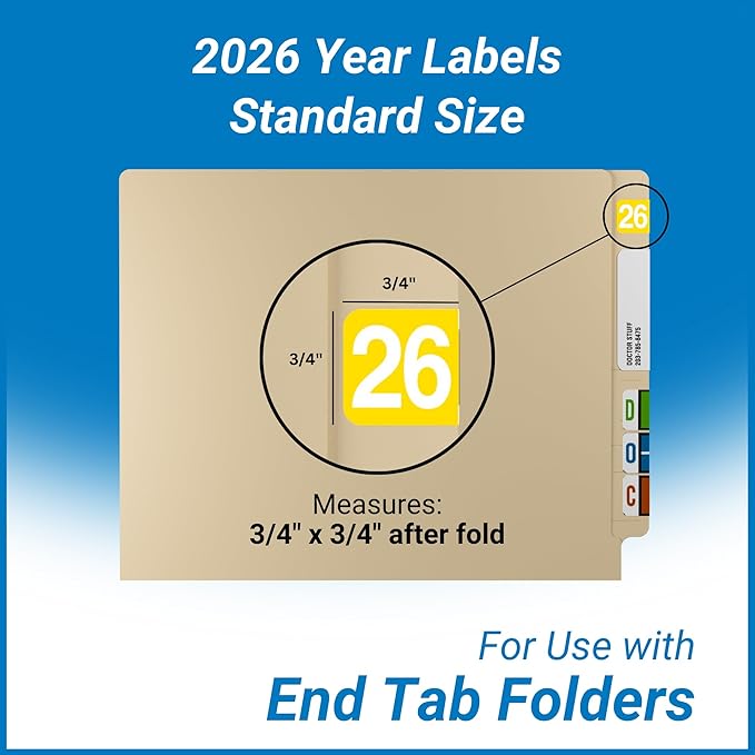 2026 Year Stickers, Doctor Stuff 2026 Chart Stickers, Yellow Color Coded, Ames/TAB Style, USA Made Year Labels for End Tab File Folders, 500/Roll, 1 Roll, 3/4" x 1-1/2"