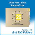 2026 Year Stickers, Doctor Stuff 2026 Chart Stickers, Yellow Color Coded, Ames/TAB Style, USA Made Year Labels for End Tab File Folders, 500/Roll, 1 Roll, 3/4" x 1-1/2"