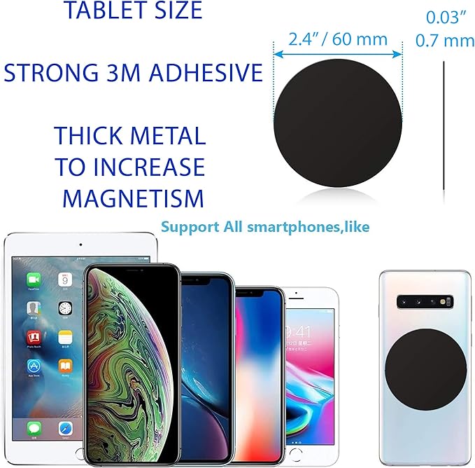 Tablet Metal Plates for Magnetic Car Mount, Wall, Magnets Kit. Replacement Set 2.4" of 12 Large Black Round Iron Discs for DIY, Crafts. 3M Adhesive Backing Steel Cell Phone Case Stickers 12 Pack
