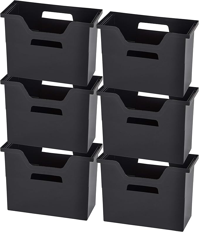 IRIS USA Medium Portable Desktop File Box with Open Lid, 6 Pack, Side Handles, Tabs & Inserts, Hanging File Folders, Letter-Size File Magazine Newspaper Mail Document Notebook, Black