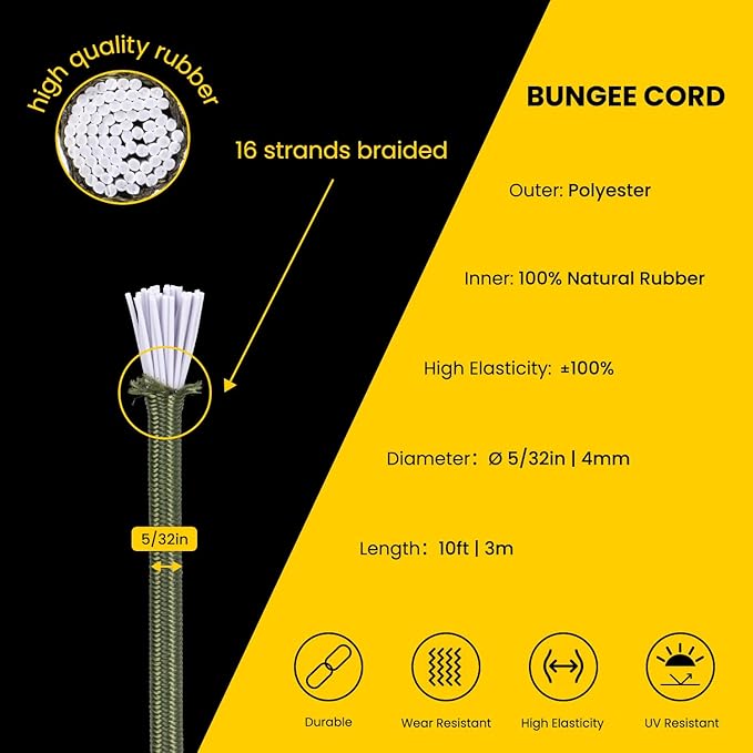 Bungee Cord Elastic Shock Cord 5/32" x 10' Bungee Rope for DIY, Tie Downs, Kayak and Outdoor - Army Green