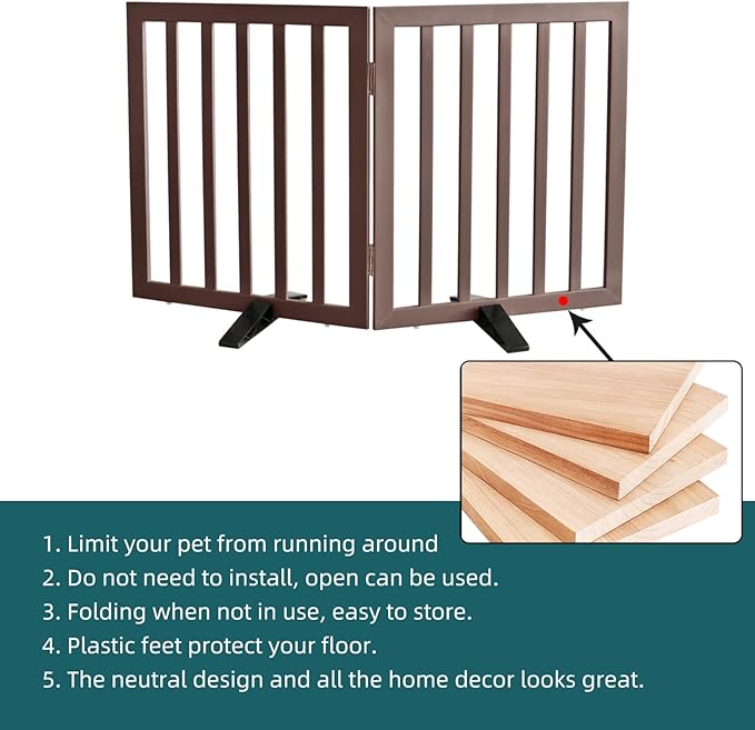 ZJSF Freestanding Indoor Dog Gate for House Foldable Wood Puppy Gate for Doorways Pet Gate for Stairs Extra Wide Pet Fence, Brown, 32" Height 2 Panels