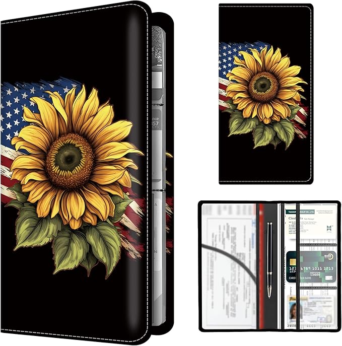 Premium Car Registration and Insurance Card Holder, Cute PU Leather Car Document Holder, Vehicle Glove Box Car Organizer with Magnetic Closure for Driver License, Cards USA Sunflower Flag