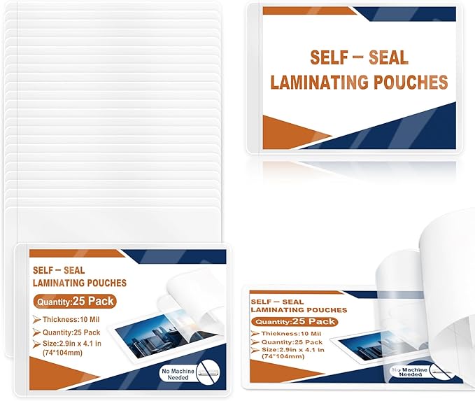 25 Pack 10 Mil 2.9"x4.1" Self Sealing Laminating Pouches Plastic Laminating Sheets Business Card Size Clear Lamination Paper for Office School Home Supplies（Waterproof & No Laminator Need)