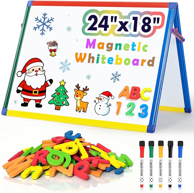 SWANCROWN Magnetic Board for Kids - Tabletop White Board for Children- 24x18 Inch Double Sided Foldable Dry Erase Board Standing with 82Pcs Alphabet Magnets Whiteboard Letters