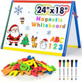 SWANCROWN Magnetic Board for Kids - Tabletop White Board for Children- 24x18 Inch Double Sided Foldable Dry Erase Board Standing with 82Pcs Alphabet Magnets Whiteboard Letters