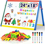 SWANCROWN Magnetic Board for Kids - Tabletop White Board for Children- 24x18 Inch Double Sided Foldable Dry Erase Board Standing with 82Pcs Alphabet Magnets Whiteboard Letters