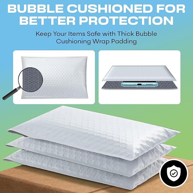 White Small Poly Bubble Mailers 5x10 inch #00 | Self Seal Padded Envelopes | Cushioned Bubble Mailer | Usable Size 5x9 | WaterProof | Lightweight mailing Shipping Bags | 250 Pack Bulk | Made In USA