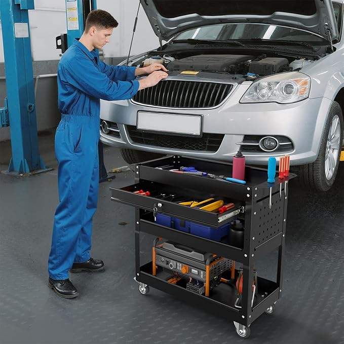 3 Tier Rolling Tool Cart on Wheels, 450 LBS Capacity Tool Cart with Drawers, Heavy Duty Rolling Utility Carts on Wheels, Rolling Tool Work Carts for Garage, Warehouse and Repair Shop,Black