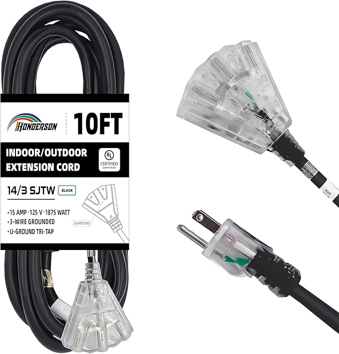 3-Outlets Indoor Outdoor Extension Cord Weatherproof with Lighted End, UL Listed, 14 Gauge 10FT Black 3 Prong Heavy Duty, 14/3 SJTW 15A Power Cord