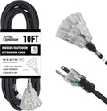3-Outlets Indoor Outdoor Extension Cord Weatherproof with Lighted End, UL Listed, 14 Gauge 10FT Black 3 Prong Heavy Duty, 14/3 SJTW 15A Power Cord