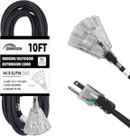 3-Outlets Indoor Outdoor Extension Cord Weatherproof with Lighted End, UL Listed, 14 Gauge 10FT Black 3 Prong Heavy Duty, 14/3 SJTW 15A Power Cord
