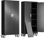 71" H Metal Garage Storage Cabinet, Rolling Tool Cabinet with 2 Doors and Wheels, Locker Steel Cabinet with 4 Adjustable Shelves, Organization Cabinet for Garage,Office,Home,Gym,School（Black）