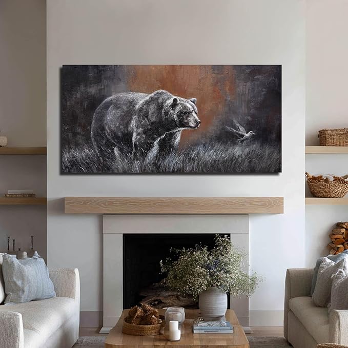 ZHENGYIN Black and White Bear Wall Art,Large Grizzly Wildlife Canvas Print, Bird Accent, Rustic Western Wall Decor for Living Room Office, Above Sofa, 24x48 Inch