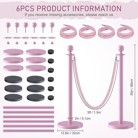 kaiyomi 6Pcs Stanchions with Pink Velvet Ropes Set, 5 Feet Velvet Ropes and Posts Poles for Red Carpet Party Decoration and 360° Photo Booth (Pink)