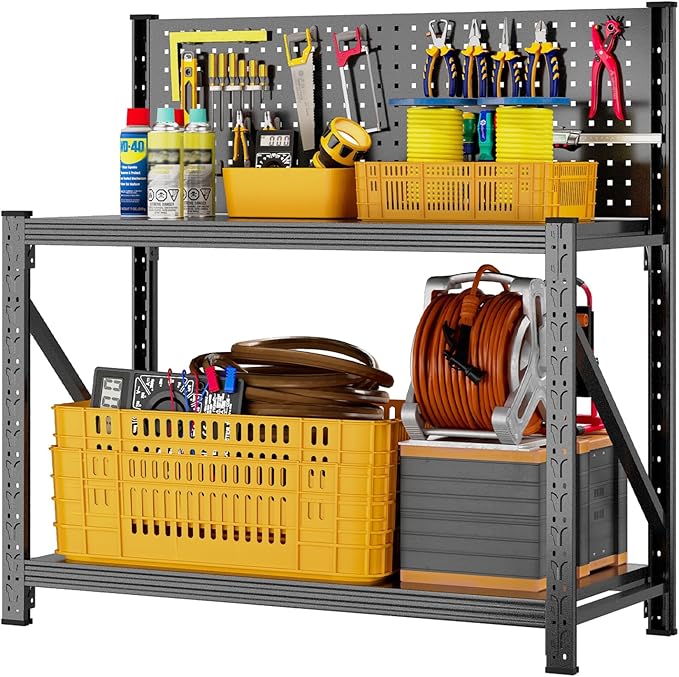 Widened Metal Garage Shelving Unit with Pegboard, Heavy Duty Industrial Storage Shelves with Reinforce Stable Side Beams, Steel Storage Rack for Garage Warehouse Basement, Black