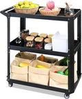 3 Tier Metal Utility Rolling Cart with Wheels, Heavy Duty Storage Organizer Trolley Cart for Kitchen, Bathroom, Office, Bedroom – Multi-Purpose 330Lbs Capacity Utility Cart on Wheels, Black