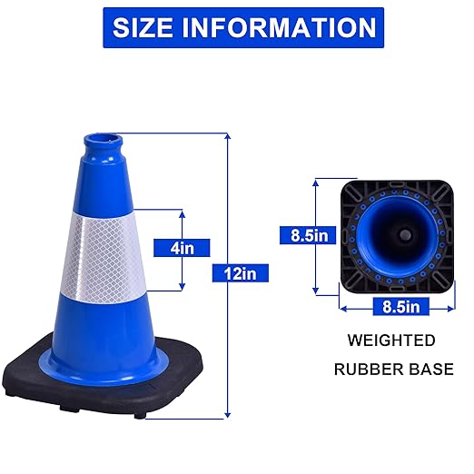 OrangeStar 12" Traffic Cones 6-Pack Blue Safety Cones with Reflective Collars, Heavy Duty Base for Driving Practice, Parking Lots, Construction, Flexible PVC, Indoor & Outdoor Use