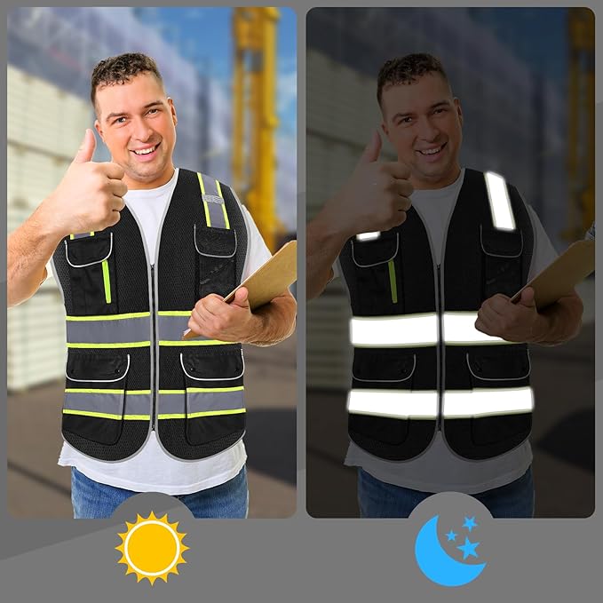 High Visibility Safety Vest - Reflective Breathable Mesh with 9 Pockets, Front Zipper for Men & Women - Meets ANSI/ISEA Standards