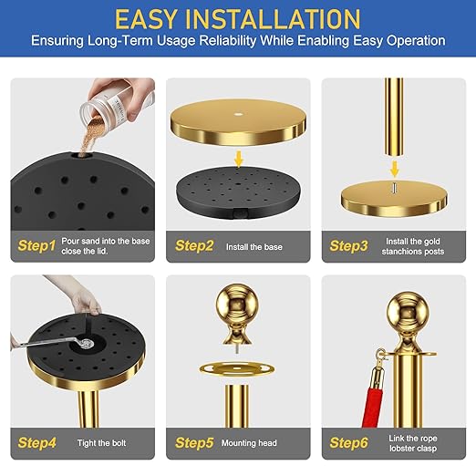 8 PCS Stanchions and Velvet Ropes, Gold Posts 5 Feet Crowd Control Barriers, Stainless Steel Poles for Red Carpet Themed Party Decoration (Golden)