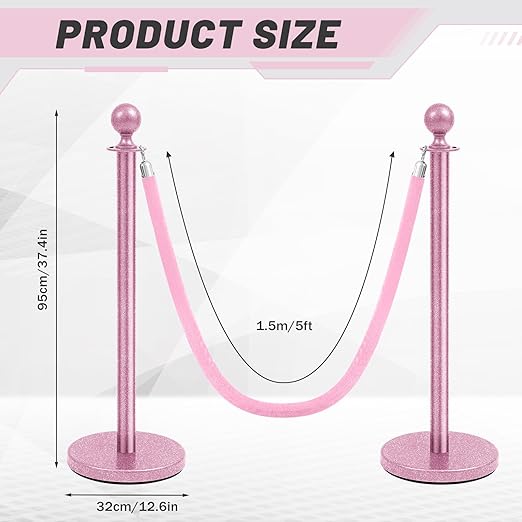 Ferraycle 4 Pcs Stainless Steel Stanchions Post Queue 38 Inch, 5 ft Velvet Carpet Ropes and Pole, Control Barriers for Wedding Birthday Party Decoration Sand Injection Hollow Base Set (Glitter Pink)