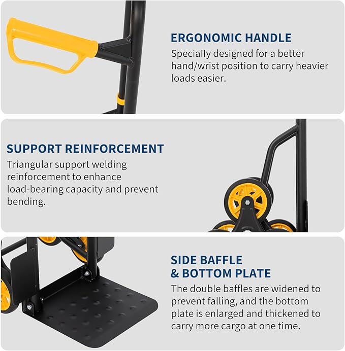 3 in 1 Industrial Convertible Stair Climbing Cart,1000 LBS Capacity Folding Hand Truck Dolly Cart with Telescoping Handle and 2 Elastic Rope for Transport & Moving in Warehouse, Home, Supermarket