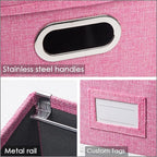 PRANDOM File Organizer Box - Set of 4 Collapsible Decorative Linen Filing Storage Hanging File Folders with Lids Office Cabinet Letter Size Pink (14x9.3x10.8 inch)