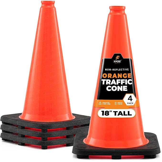 Xpose Safety 18 Inch Orange Traffic Cones, 4-Pack - Multipurpose PVC Plastic Safety Cone for Parking, Soccer, Caution, Kids and Construction - DOT Approved