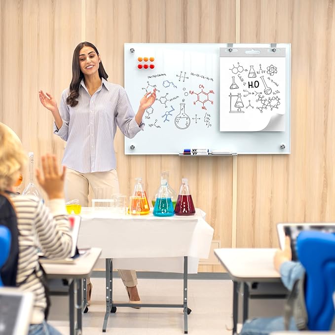 MaxGear Glass Whiteboard 36x24 Inches Wall Mounted, Magnetic White Board with 1 Eraser, 1 Accessory Tray, 4 Markers and 6 Magnets, Large Frameless Dry Erase Board for Office, School, Home
