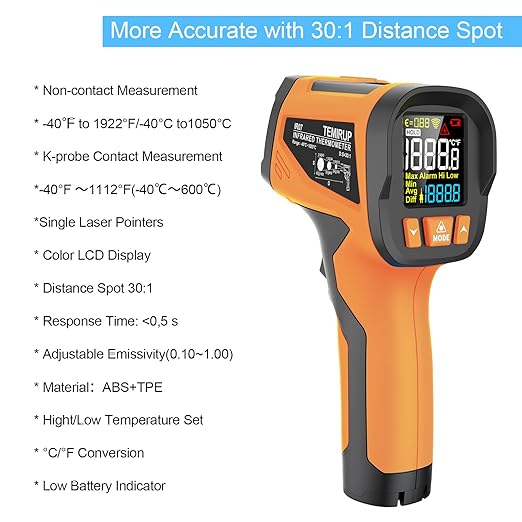 -40℉ to 1922℉ TEMIRUP Infrared Thermometer Temperature Gun with Thermocouple Probe, 30:1 Pyrometer High Temp Thermometer for Cooking Oven, Engine, Kiln, Forging, Industrial, Adjustable Emissivity