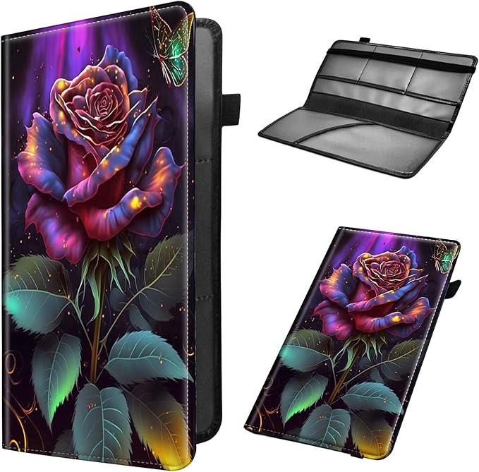 Car Registration and Insurance Holder, Leather Car Glove Box Organizer, Cool Car Accessories for ID, Driver's License Cards & Essential Document,business cards,Men&WomenPink Rose Flower Butterfly