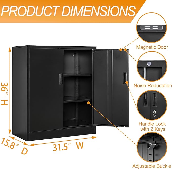 BESFUR Metal Storage Cabinet 36" H, Black Metal Cabinet with 2 Lockable Doors and 2 Adjustable Shelves, Garage Storage Cabinet for Home Office, Garage, School, Apartment, Warehouse