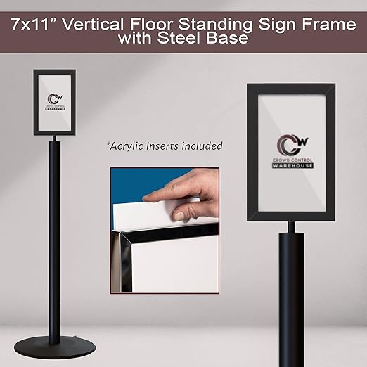 Floor Standing Sign Frame with Steel Low Profile Base, 7 inches by 11 inches Vertical Sign Frame, Black Post
