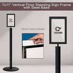 Floor Standing Sign Frame with Steel Low Profile Base, 7 inches by 11 inches Vertical Sign Frame, Black Post