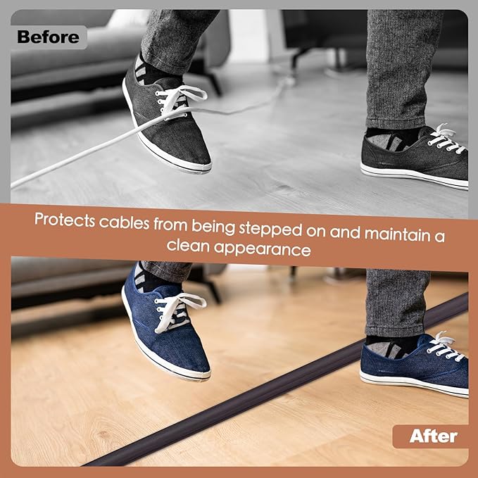 Floor Cord Cover for Wires on Floor Self Adhesive Cord Hider Floor Cable Management Wire Covers for Cords Protector Prevent Cable Trips Cord Cavity W 0.59" x H 0.31", Black Walnut, 3.3Ft