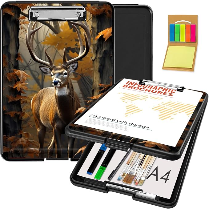 Clipboard with Storage,Office Supplies Nursing Clipboards Folder with Pen Holder Plastic Foldable Clip Board with Storage for Nurse Teacher,Camouflage Forest Deer