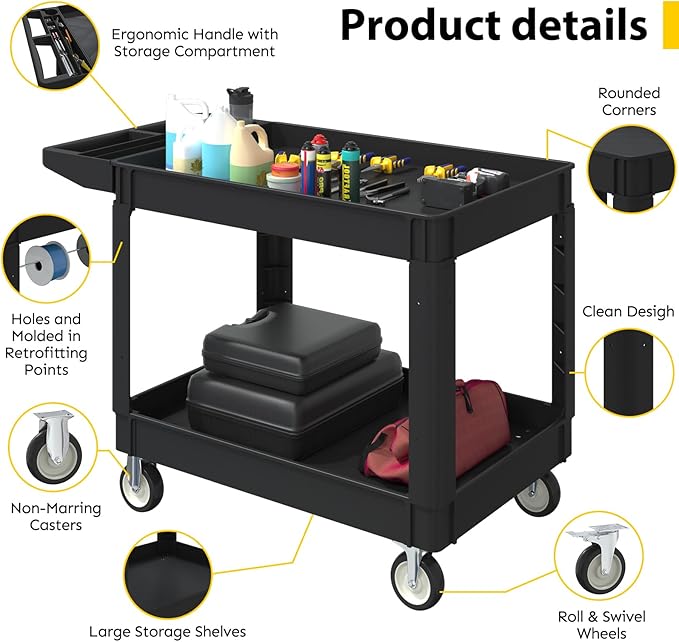 Heavy Duty Utility Rolling Tool Cart, 1000 lbs Capacity Utility Service Cart with Two Trays and Wheels, 46 x 26-Inch Rolling Service Carts Huge Storage, Garage, Warehouse, Workshop, Black