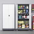 Metal Storage Cabinet with Wheels, Tall Garage Storage Cabinet with 4 Adjustable Shelves and 2 Doors, Lockable Tool Cabinet for Garage Home Office,Gym,School (White-Gray)