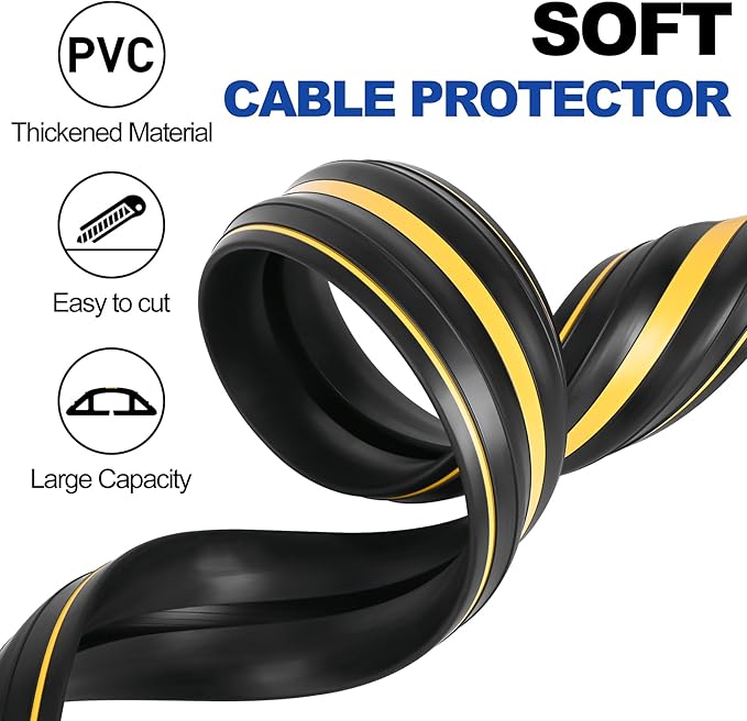 10Ft Cord Covers for Wires on Floor, 3-Channel Heavy Duty Floor Cord Cover with Anti-Slip Base & Yellow Warning Strips, Extension Cord Covers for Floor, Ideal for Home, Office, Outdoor Use