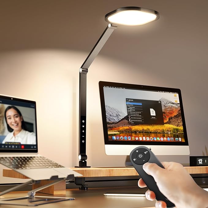 Desk Lamps for Home Office, Eye-Caring Led Desk Light with Clamp, Dimmable Zoom Lighting with 3 Colors & 10 Brightness, Computer Ring Lights for Video Calls,Conference Meeting, Reading, CRI>95