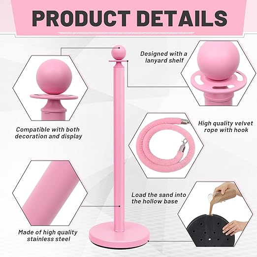 Ferraycle 6 Pcs Stainless Steel Stanchions Post Queue 38 Inch, 5 ft Velvet Rope Carpet Ropes and Pole, Control Barriers for Wedding Birthday Party Decoration Sand Injection Hollow Base Set (Pink)