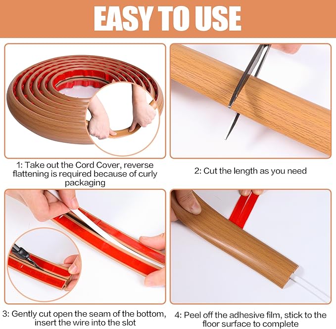 Floor Cord Cover Cavity 0.8"x0.37" Self Adhesive Cord Hider, 10FT Low Profile Cable Management, Extension Strip Protector for Wires, Prevent Cable Trips for Offices, Gyms, Exhibitions (Brown Wood)