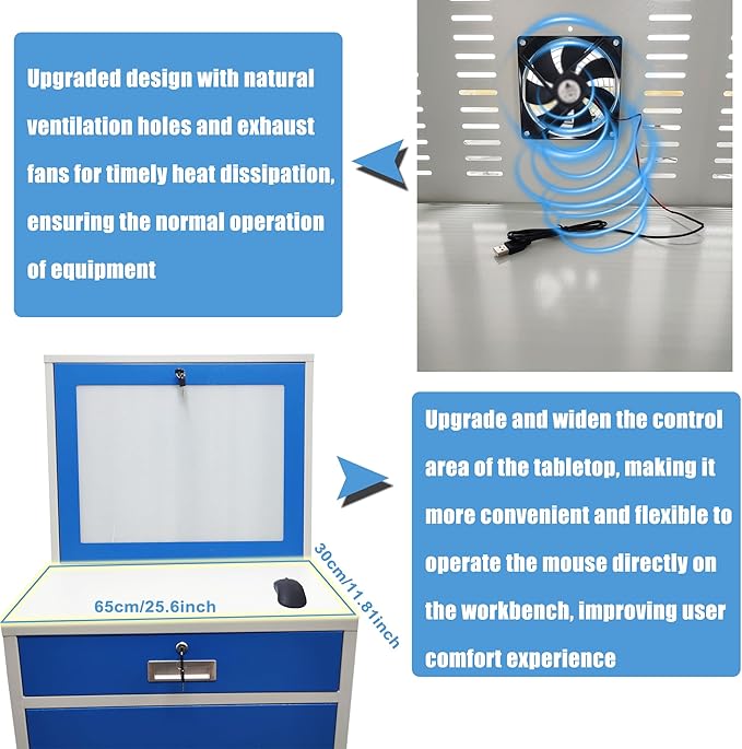 Industrial PC Enclosure Computer Security Cabinet Lockable Detachable Steel Cabinet with Wheels USB Cooling Fan, Adjustable Shelves for Control Equipment (65x60x109.5cm)