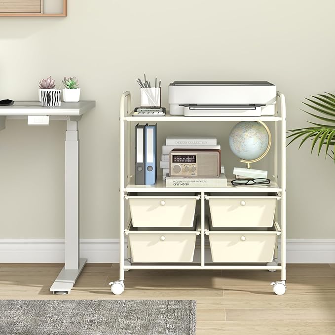 Giantex Rolling Storage Cart w/ 4 Drawers 2 Shelves Metal Rack Shelf Home Office School Beauty Salon Utility Organizer Cart with Wheels, Ivory