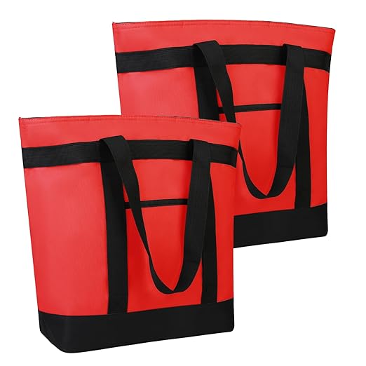 2Pk Insulated Reusable Tote Bag for Grocery Shopping for Women, Pizza/Food Delivery Bag to Keep Food Cold/Hot for Professional Catering, Cooler bags for Travel/Beach/Picnic, Red