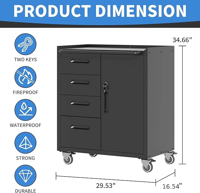 Metal Storage Cabinet with Wheels, Garage Storage Cabinet with 1 Door and 4 Drawer, Rolling Tool Cabinet, Assembly Required, Black