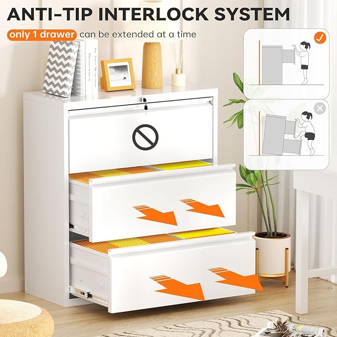 INTERGREAT 3-Drawer White File Cabinet, Locking Metal Lateral Filing Cabinets, 28W Horizontal Storage Cabinet with Adjustable Shelves for Home & Office